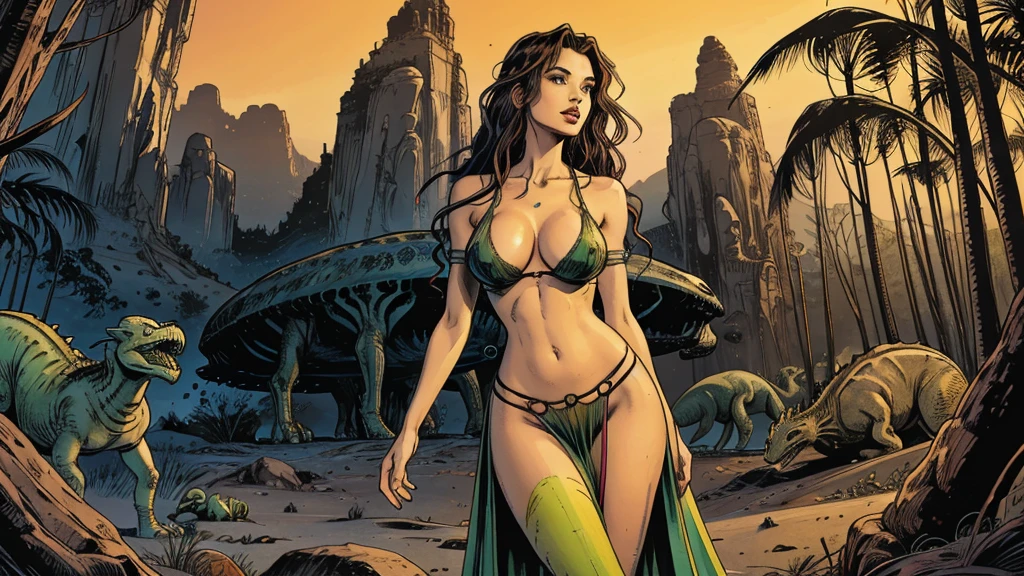 alien landscape with giant monsters, the foreground, a sexy girl with slender hips, slender hips, slender hips,medium breasts, in a long sheer gown cut in slits up to her hips, low cut between her breasts to her navel, long flowing hair, cleavage, brightly colored monsters, tentacled beasts, dinosaurs, very bright contrasting colors, bright colors, she is a goddess, a goddess