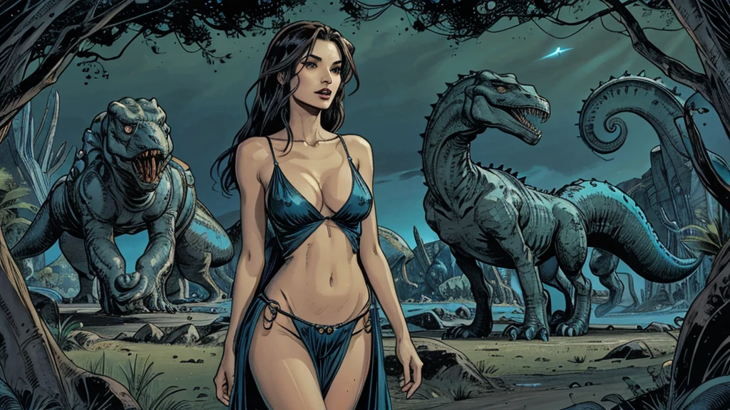 alien landscape with giant monsters, the foreground, a sexy girl with slender hips, slender hips, slender hips,medium breasts, in a long sheer gown cut in slits up to her hips, low cut between her breasts to her navel, long flowing hair, cleavage, brightly colored monsters, tentacled beasts, dinosaurs, very bright contrasting colors, bright colors, she is a goddess, a goddess