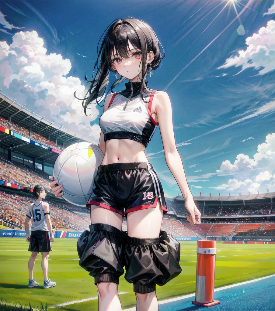 full body, delicate facial features, medium tits, medium hair, black hair, tearful mole, earring, tracksuit, (sleeveless, bare arms), shorts, a stadium for land-based sporting events,