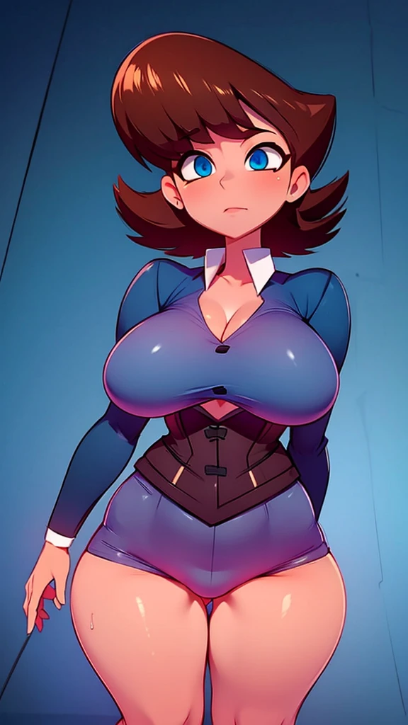 A sexy girl big breast short brown hair round her blue eye wears purple corset and tight black pants big thigh sex