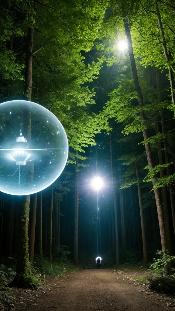 In the forest at night、A UFO is floating in the sky, emitting a dazzling light onto the ground.　The UFO has five small windows and is of the Adamski type.。
