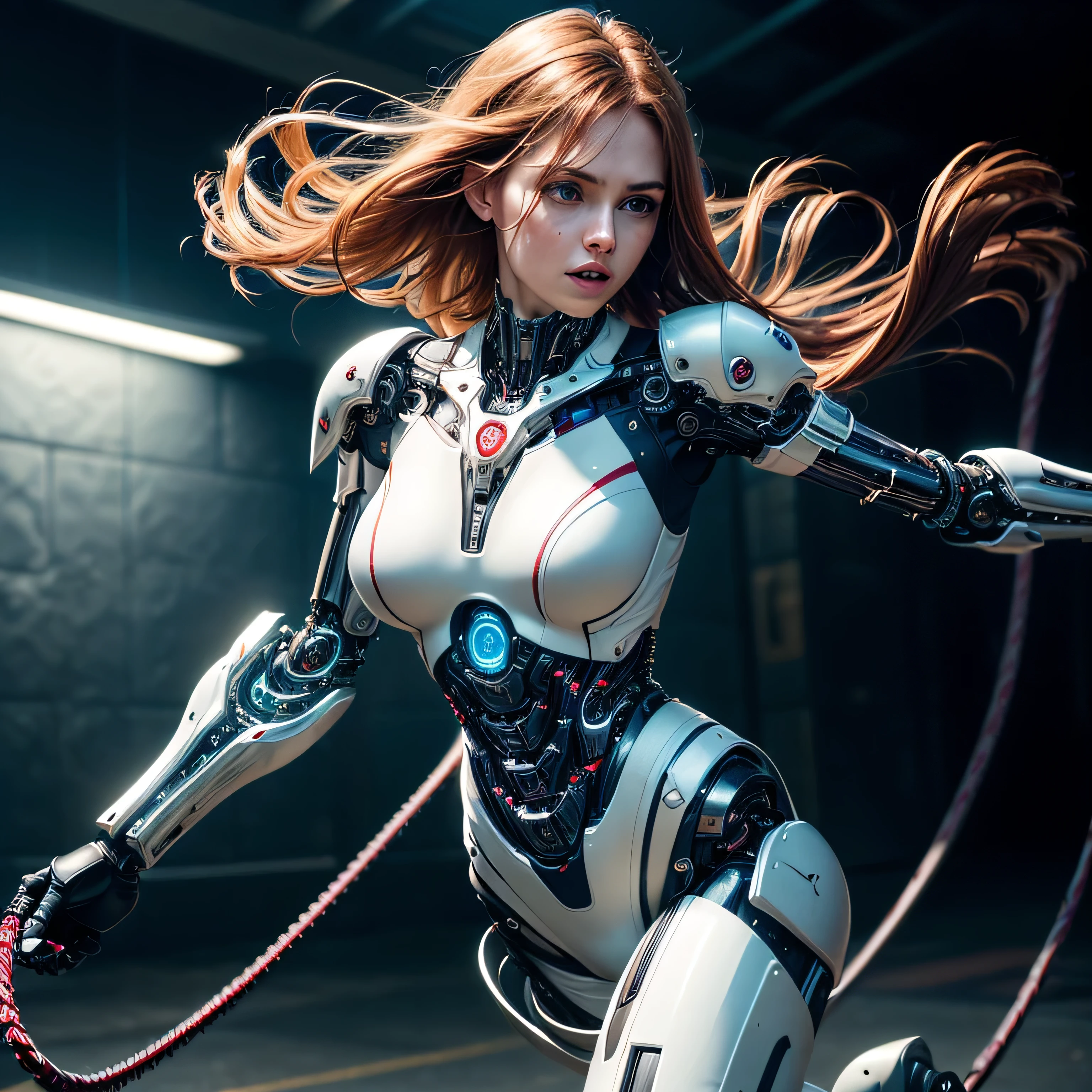 (masterpiece, photorealistic:1.4, extremely intricate:1.3), (photon mapping, radiosity, physically based rendering, ultra resolution, hyper-realistic, hyper-realistic, 8K, (dtx)), muscular girl, ((lacquered white perfectchainmail armor:0.8, ((mechanical limbs, cybernetic arms, futuristic cyborg, ((weapon, razorwhip)))), intense, [skin detail:freckles:0.8])), metal reflections, blank background, empty room, dark room, black background, no scenery, professional photograph, (straight ginger hair, wind, windy, running dynamic movement pose, arm raised), sharp focus, dramatic, award winning, (film grain, bokeh, interaction)