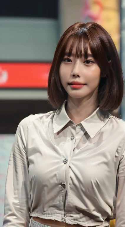 ((Highest quality, 8K, masterpiece :1.3)), Sharp focus :1.2, Beautiful woman with perfect figure :1.4, Slim Abs :1.2, ((Dark brown hair, Big Breasts :1.2)), (White button-up long shirt :1.1), City Street:1.2, Highly detailed face and skin texture, Fine grain, double eyelid NSFW