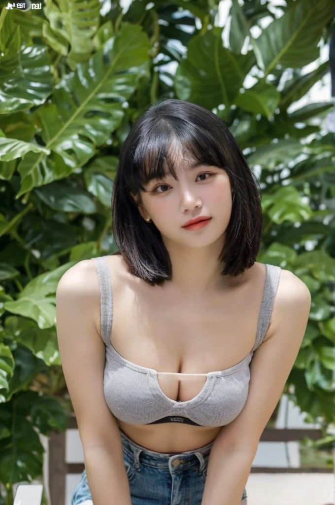 Mini short jeans skirt, grey seamless ribbed cami top with shoulder straps, size small, Huge breasts, Erect nipples, exposed belly bottom, masterpiece, best quality, highly detailed, ultra high res, (photorealistic:1.8), unreal_engine, photograph, realistic_skin_texture, rialistic photo、Real Images、Top image quality、masterpiece, white skin color, gold hair, full body standing, outdoor, Main Street, Scrawny:1.7,
