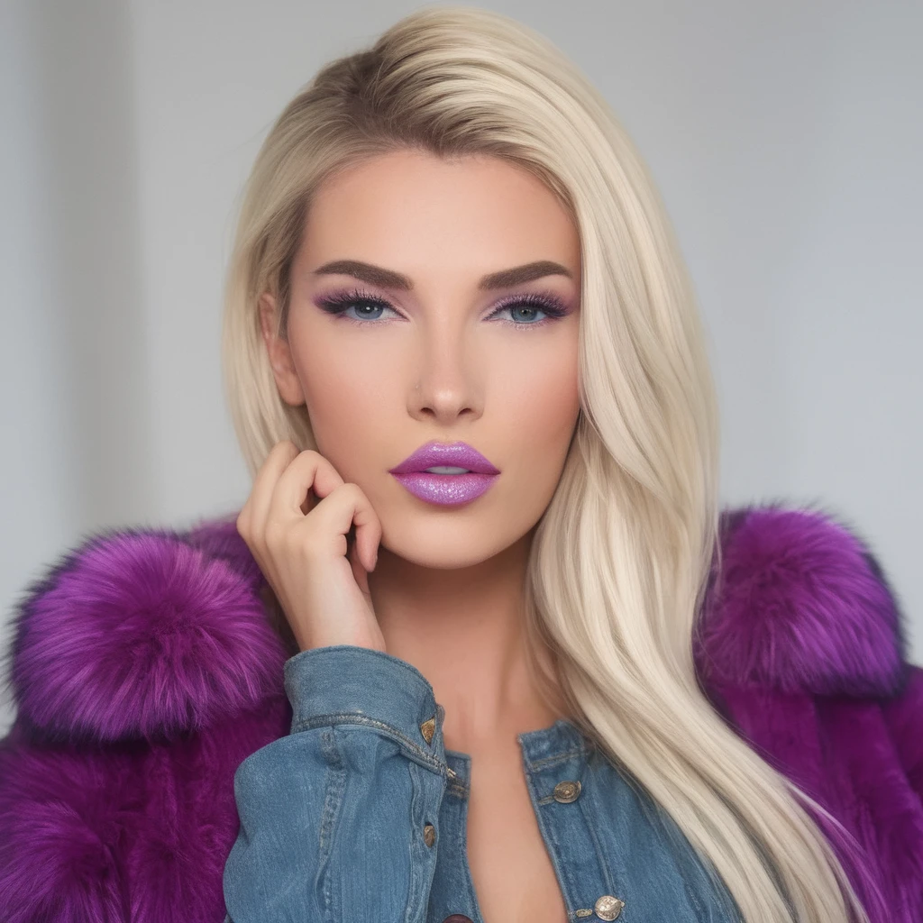 Create a high-definition, glossy image of female wearing a large russian coat with a purple trim fur collar and denim shorts. Ensure her face is flawless, with captivating eyes and a seductive grin. she has purple lips and blue eyes, Enhance the outfit to be sleek and stylish, radiating sexiness and allure.