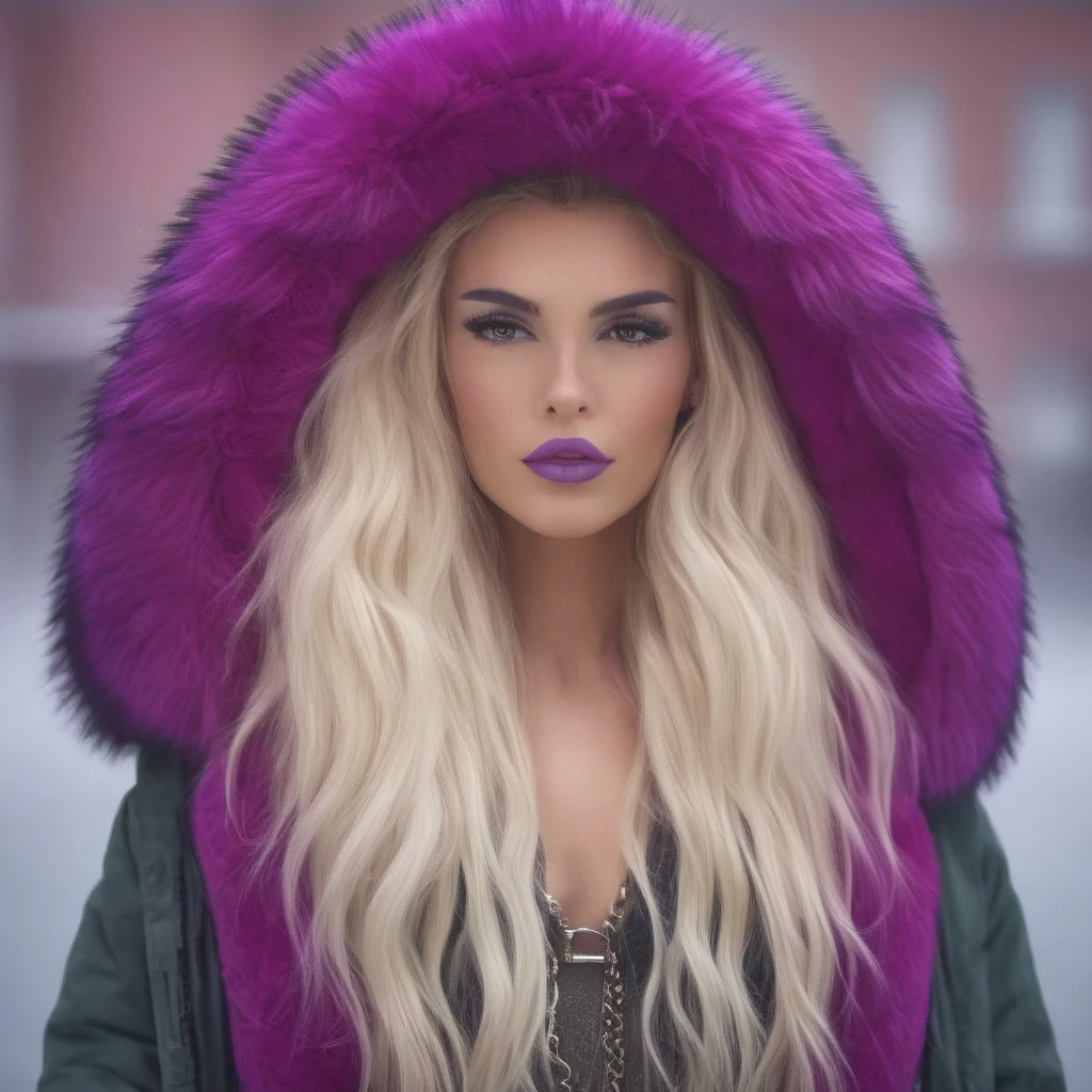 Create a high-definition, glossy image of female wearing a large russian coat with a purple trim fur collar and denim shorts. Ensure her face is flawless, with captivating eyes and a seductive grin. she has purple lips and blue eyes, Enhance the outfit to be sleek and stylish, radiating sexiness and allure.