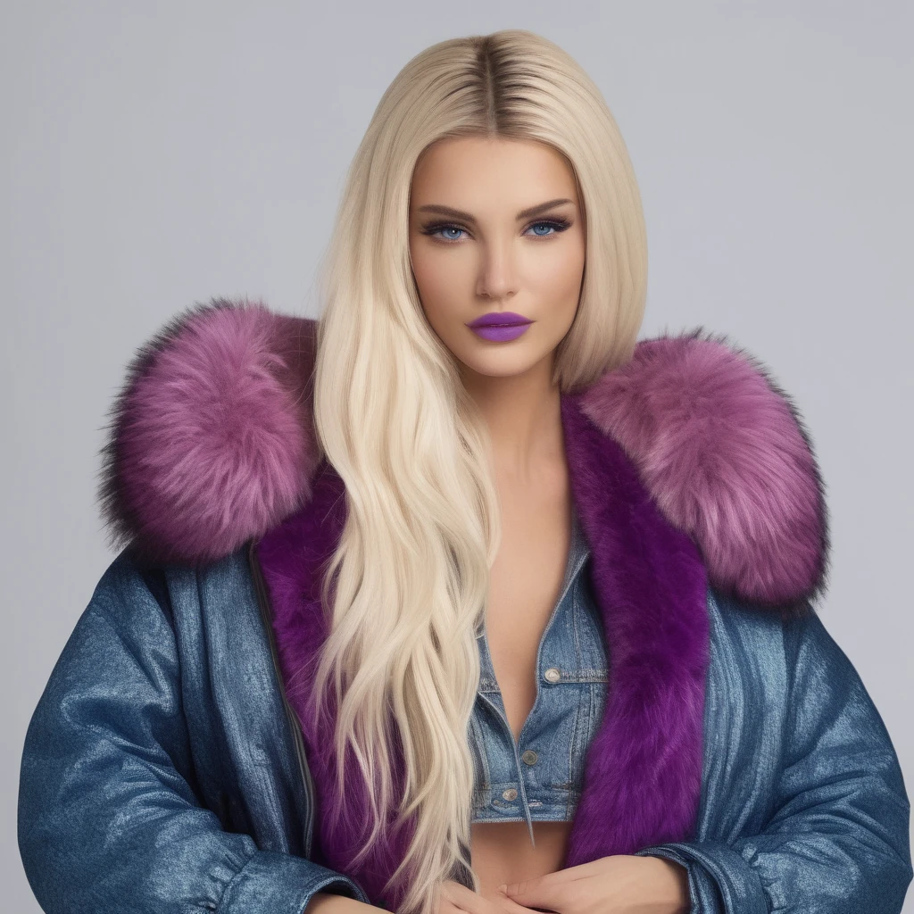 Create a high-definition, glossy image of female wearing a large russian coat with a purple trim fur collar and denim shorts. Ensure her face is flawless, with captivating eyes and a seductive grin. she has purple lips and blue eyes, Enhance the outfit to be sleek and stylish, radiating sexiness and allure.