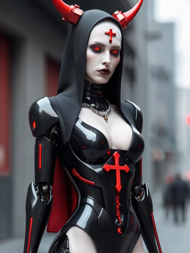 ral-opal, meahophontron, full body, woman robot face, Cyberpunk, devil nun, negro, looking at camera, body nun clothes, red eyes, primer plano looking at camera, realist, beautifull woman, sexy face, black clothes, gray and red, Red high heels, holding red crucifix.