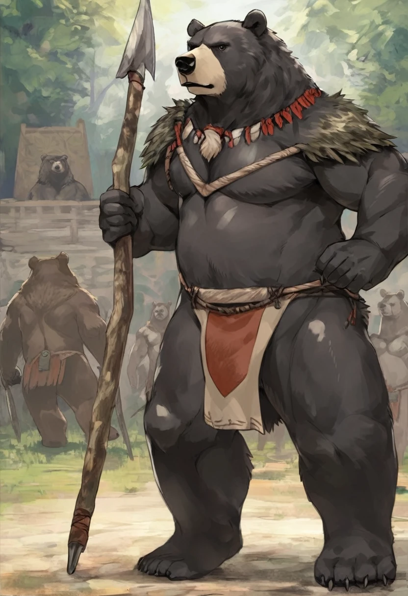 Correct anatomy,Black Bear,personification,strong,uncle,Original costume,Loincloth,warrior,Standing guard,Standing in front of the audience,Looking at the audience,Holding a spear,Primitive tribal background(1.2)。