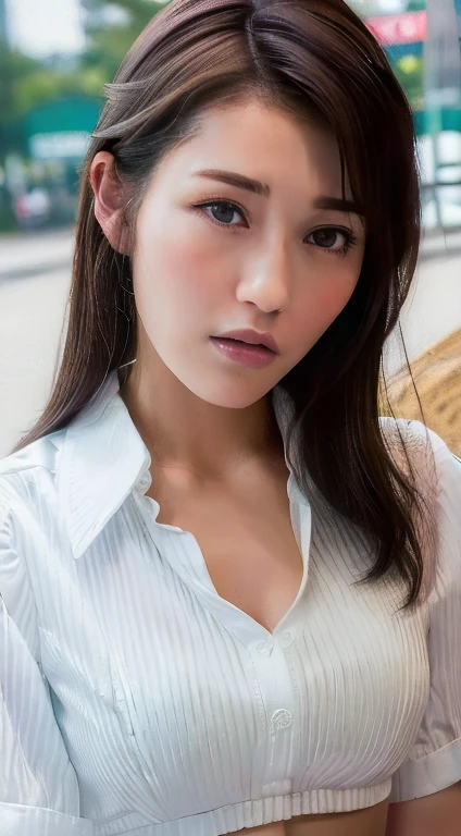 ((Highest quality, 8K, masterpiece :1.3)), Sharp focus :1.2, Beautiful woman with perfect figure :1.4, Slim Abs :1.2, ((Dark brown hair, Big Breasts :1.2)), (White button-up long shirt :1.1), City Street:1.2, Highly detailed face and skin texture, Fine grain, double eyelid NSFW