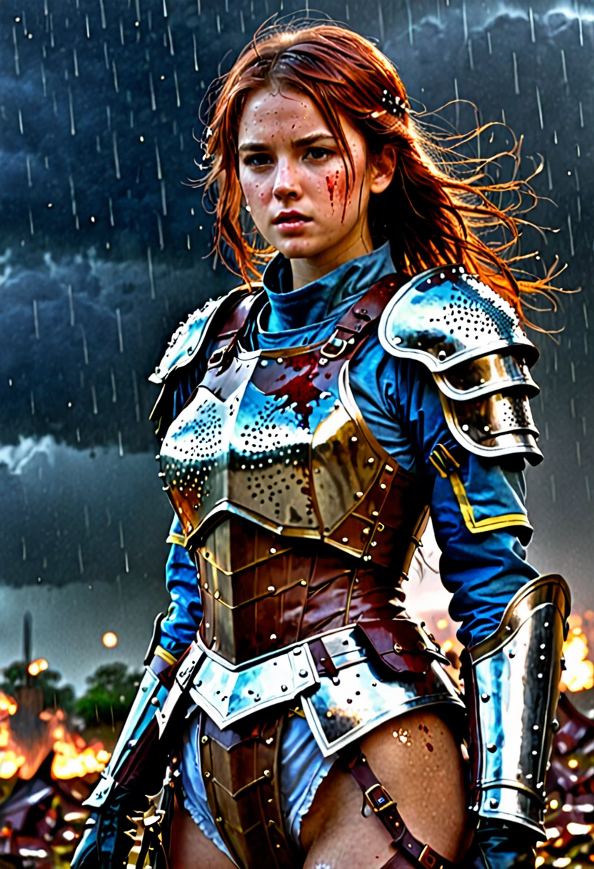 (ultra detali:1.2, work of art:1.2, best qualityer:1.2, high resolution:1.2), war zone background, scenario, raining, 1 girl, , chestnut hair, hypdertailed, armor clothes, breastplate, dirty faced, blood spots, dark sky