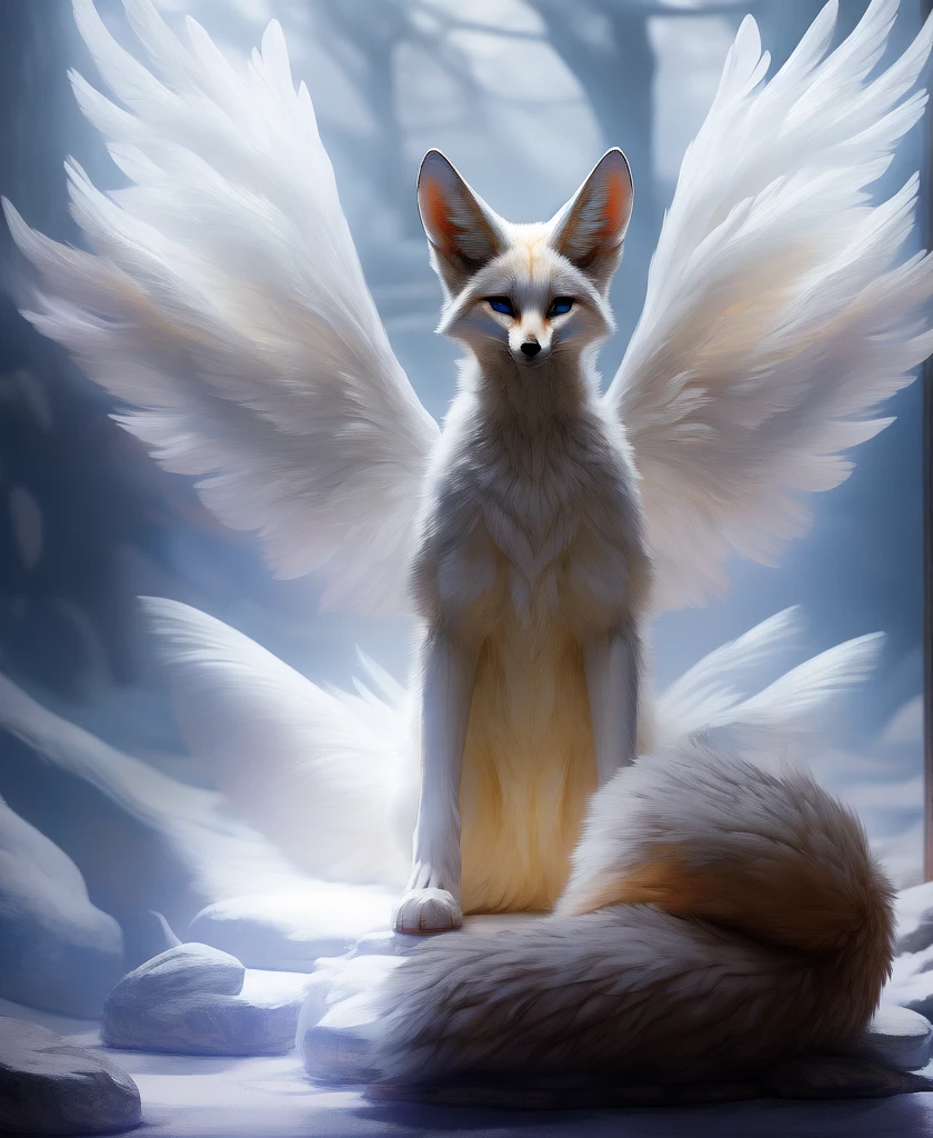 falvie 
asian_mythology east_asian_mythology mythology 
canid canine fox mammal will-o'-the-wisp 
2017 digital_media_(artwork) 
ambiguous_gender blue_eyes detailed_background feral fox_spirit fur kitsunebi multi_tail paws shrine sitting smile solo tail white_body white_fur, white angel wings, cute