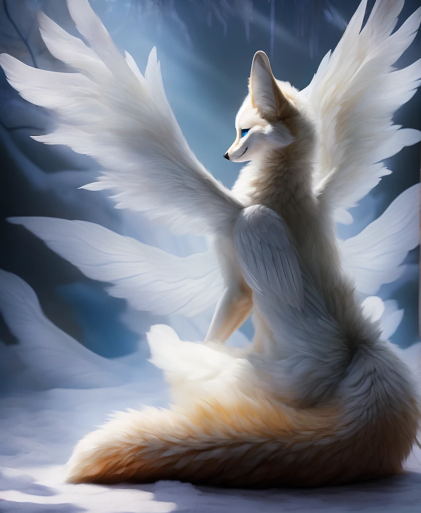 falvie 
asian_mythology east_asian_mythology mythology 
canid canine fox mammal will-o'-the-wisp 
2017 digital_media_(artwork) 
ambiguous_gender blue_eyes detailed_background feral fox_spirit fur kitsunebi multi_tail paws shrine sitting smile solo tail white_body white_fur, white angel wings, cute