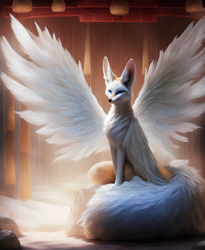 falvie 
asian_mythology east_asian_mythology mythology 
canid canine fox mammal will-o'-the-wisp 
2017 digital_media_(artwork) 
ambiguous_gender blue_eyes detailed_background feral fox_spirit fur kitsunebi multi_tail paws shrine sitting smile solo tail white_body white_fur, white angel wings, cute