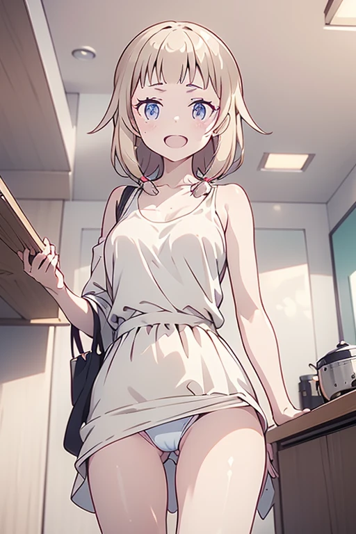 1 girl in, purple color  hair、Purplish pink eyes that dreamers desire, (Blonde hair) , small stature, Colossal , Lori, (masutepiece:1.2, Best Quality), (finely detailed beautiful eye: 1.2), (beautifull detailed face), (Best Illumination, extremely delicate and beautiful), ((Cinematic Light)), Dramatic light, (Pale white background:1.5), Short bob hair（1:3）、Ultra Contrast、Braid a little around the ears, clavicle, White long dress、only has 5 fingers、、Her  is visible through the white thong、Wet pants、You can see inside your underwear、full of sweat、mocking look、diaper、nffsw,Arms crossed、grab the arm、Shoot from below、The angle is as seen from below.、Best Quality、Large breastuscular pussy、Pubic hair,high-level image quality、hightquality、8K,perfect hand、5 fingers、finger pin、Perfect Finger、T back、Naked、noise cut、bullet hand、Her hair color should have been a brighter purple.The skirt part is also carefully expressed..、Purple skirt、the skirt is floating in the wind、Dark purple panties、Pubic hair majority,A scene of make cooking Carbonara Pasta  in the kitchen,(with sparkling eyes and a contagious smile),open mouth,famous cafe background in italian, Looking at Viewer,
