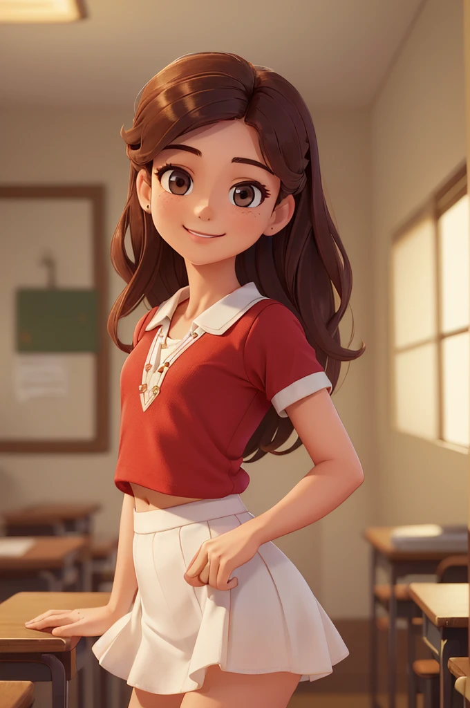 (A small chest:1.3),(Masterpiece, Best quality:1.4), (Beautiful, Aesthetic, Perfect, Delicate, Intricate:1.2),((Best quality)), ((Masterpiece)), (Detailed),(A high resolution:1.2), Classroom, An adult female, Smiling Claudia Chever, Red shirt, White skirt, very sexy, tight panties, ass,