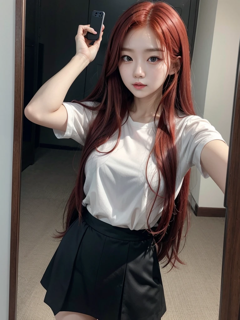 Woman with long hair straight, ((imperial-red hair color)), high detailed, realistic, ultra realistic, ((imperial-red shirt)) and black skinny long pant