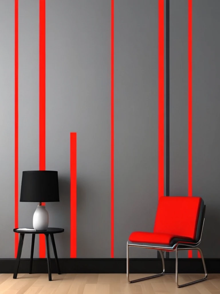 (White background, smooth wall study), neon stripes symbology drawn on the wall, Red color, black and dark gray