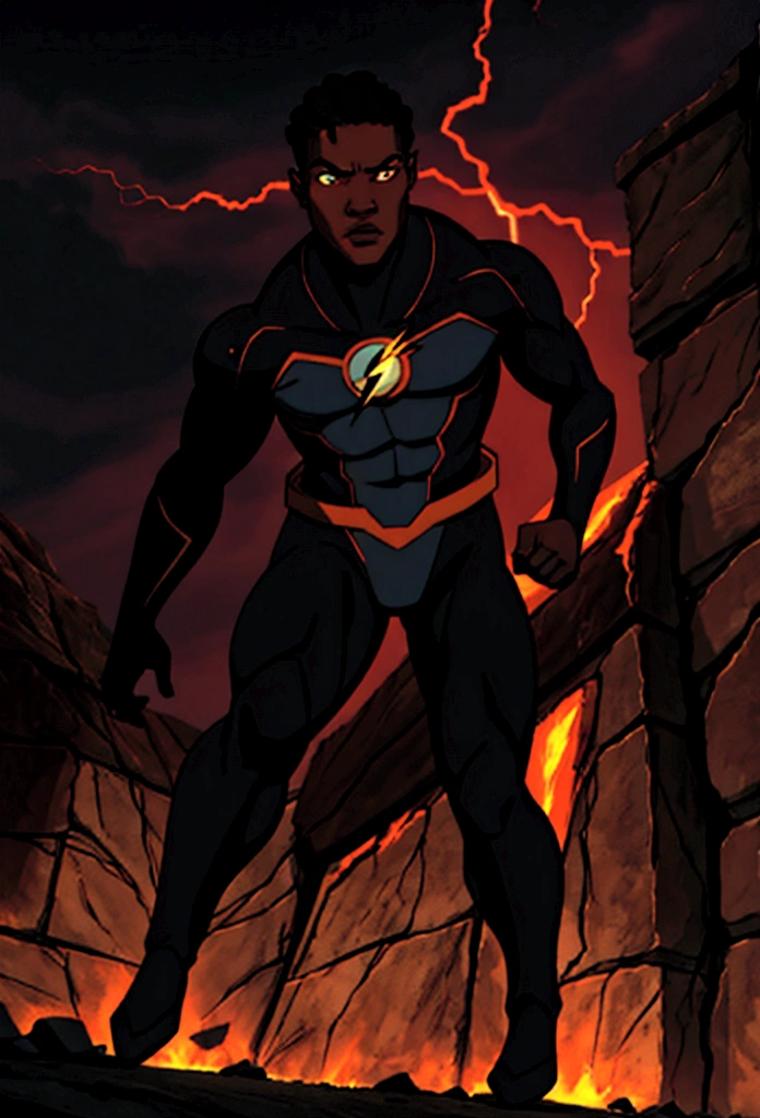 A realistic depiction of a 22-year-old African American Barry Allen, a.k.a. The Flash, running through an apocalyptic world, determined to save the universe from evil villains. Hyper-realistic, focusing on detailed textures and lifelike portrayal. Emphasis on the intensity and urgency of Barry's mission with dramatic lighting and atmospheric effects.A devastated urban landscape, the remnants of a once-great city now in ruins. Skyscrapers are partially collapsed, vehicles are abandoned and overturned, and fires rage unchecked. The sky is a tumultuous mix of dark storm clouds and lightning, casting an eerie glow over the scene.Barry Allen, captured in mid-run. His figure is sharply focused, showing every muscle and expression in vivid detail. His face shows determination and resolve, eyes set straight ahead as he races against time.A young African American man with short, tightly curled hair and an athletic build. He wears a meticulously detailed version of the Flash suit, designed with a realistic texture that suggests advanced materials and wear from previous battles. The suit is primarily red with gold accents, slightly battle-worn, but still functional.Arcs of lightning in shades of red and gold trail behind Barry, illustrating the immense speed and power he commands. The ground beneath him cracks and sparks as he runs, emphasizing the force of his movement.In the background, vague shapes of menacing villains loom, shrouded in smoke and shadows. Their presence adds a palpable sense of danger and urgency. Other elements of chaos, like flying debris and shattered glass, further enhance the apocalyptic feel.The scene is charged with tension and energy, a world on the brink of collapse but with a glimmer of hope embodied by Barry.The contrast between the dark, ruined environment and the bright, electrifying presence of Barry underscores his role as a beacon of hope.