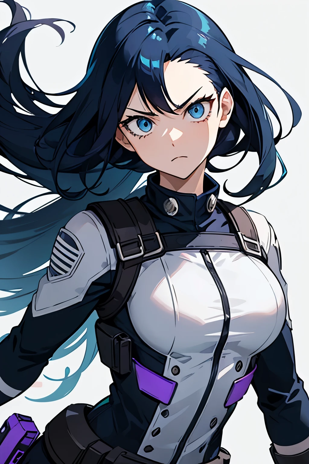 My hero academia female badass character with incredible power and long dark blue hair In a stylish hairstyle and a badass costume Combination with incredible colorimetry purple or dark blue and white and/or black