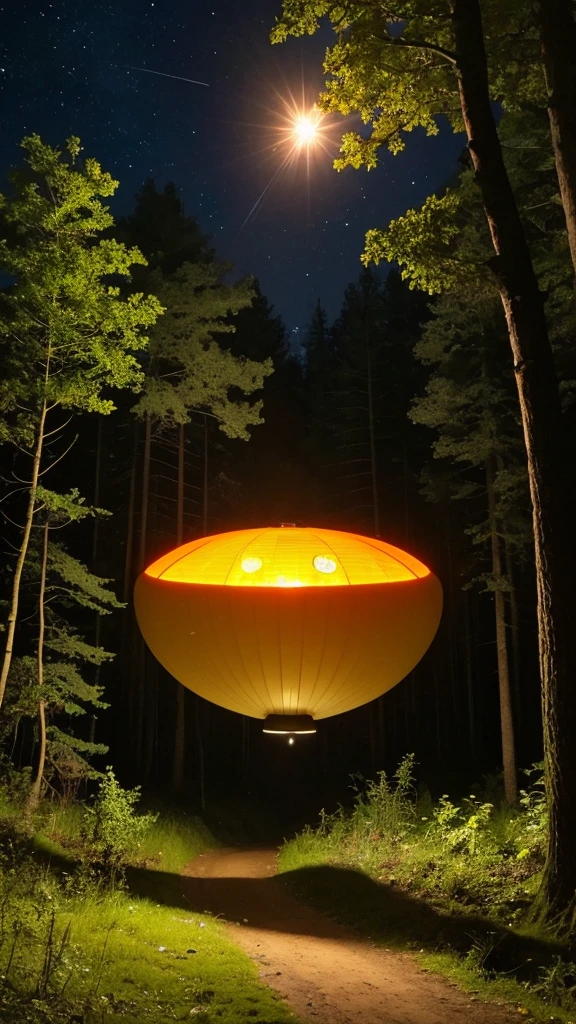 In the forest at night、A UFO is floating in the sky, emitting a dazzling light onto the ground. The UFO has five small windows and is an Adamski type that glows orange.。