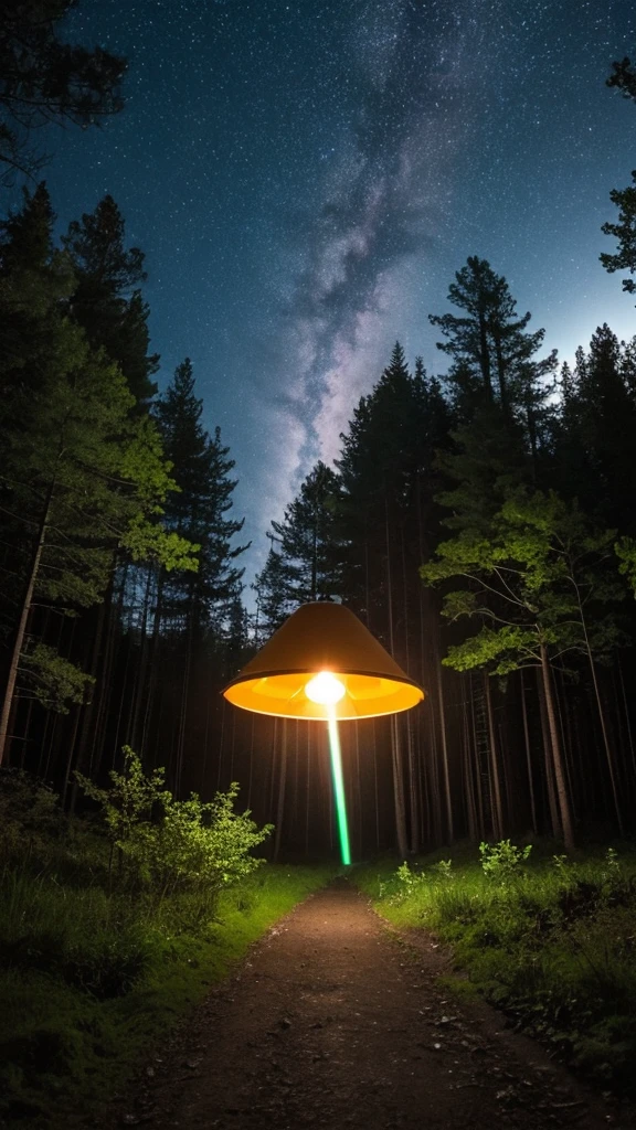 In the forest at night、A UFO is floating in the sky, emitting a dazzling light onto the ground. The UFO has five small windows and is an Adamski type that glows orange.。