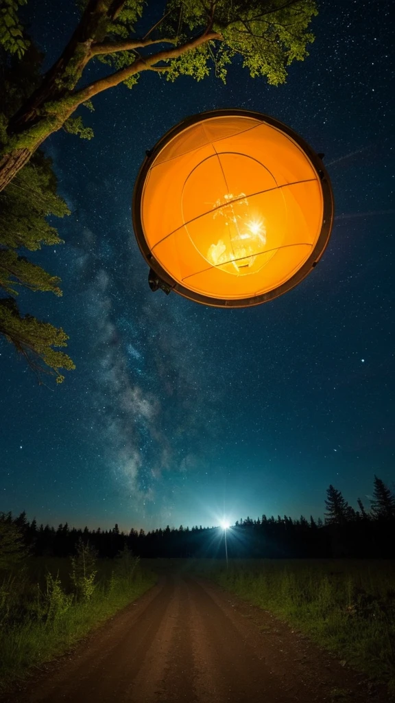 In the forest at night、A UFO is floating in the sky, emitting a dazzling light onto the ground. The UFO has five small windows and is an Adamski type that glows orange.。