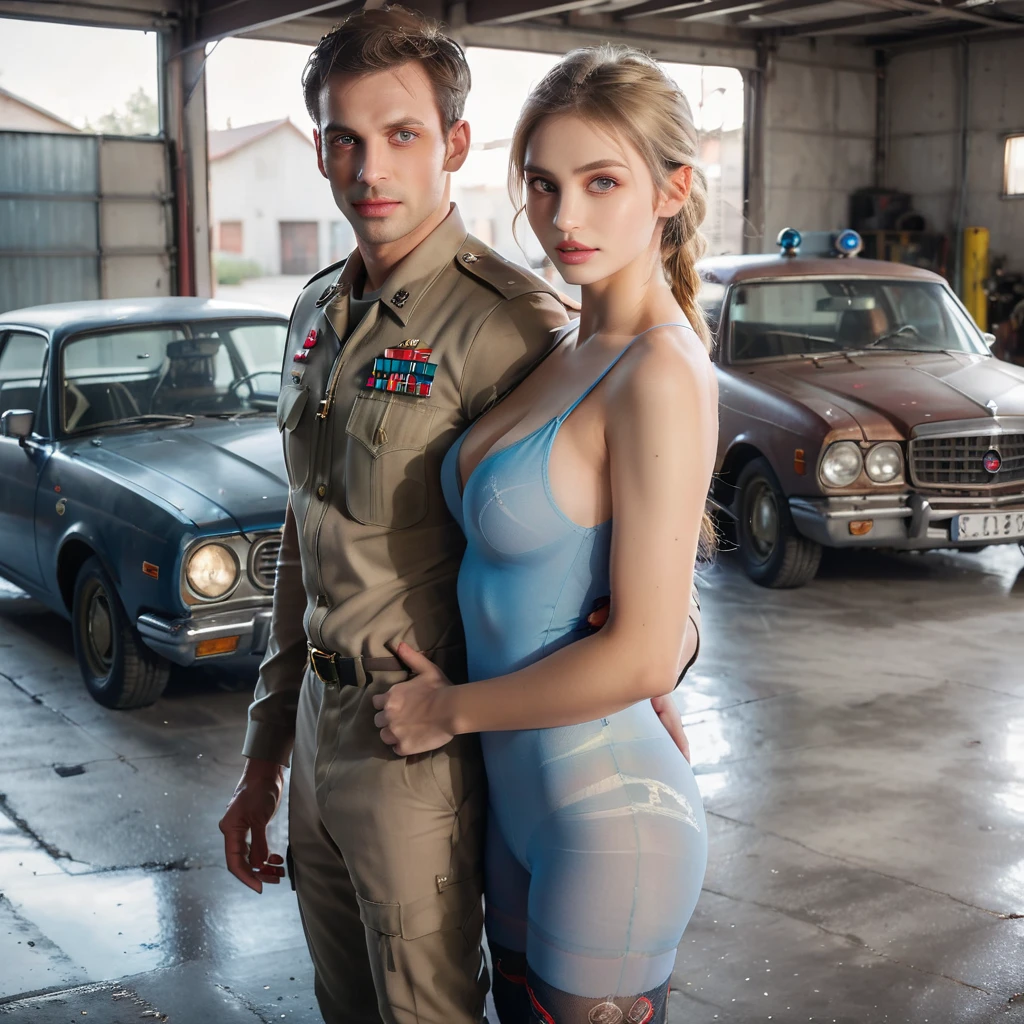 dystopian style , post-apocalyptic,  dramatic, highly detailed, stunningly beautiful European girl standing , cute looking girl ,, handsome man with military costume hugs ??????????? her , wreck cars garage ,car's lights are on , dark floor like mirror , reflections,close-up shot, highly detailed, realistic, hyperrealism, lifelike photography , extremely detailed skin, she has beautiful mesmerizing face and small nose , dark shadows, indoors , cute smile , dim light