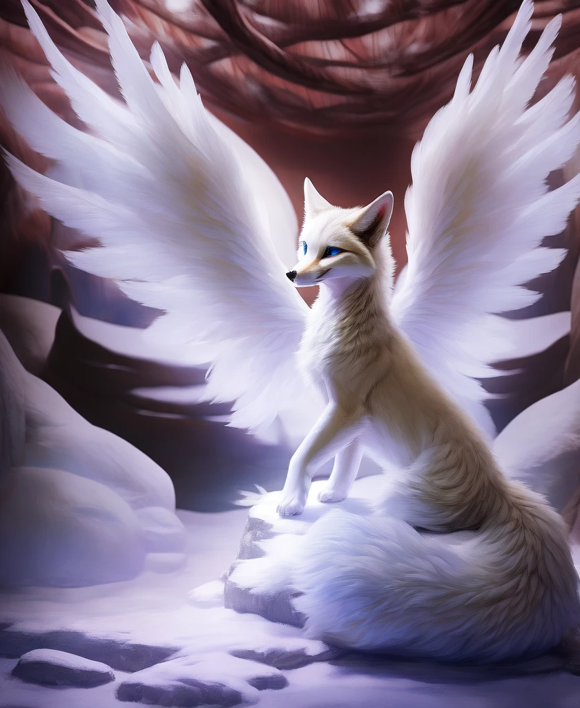 falvie 
asian_mythology east_asian_mythology mythology 
canid canine fox mammal will-o'-the-wisp 
2017 digital_media_(artwork) 
ambiguous_gender blue_eyes detailed_background feral fox_spirit fur kitsunebi multi_tail paws shrine sitting smile solo tail white_body white_fur, white angel wings, cute