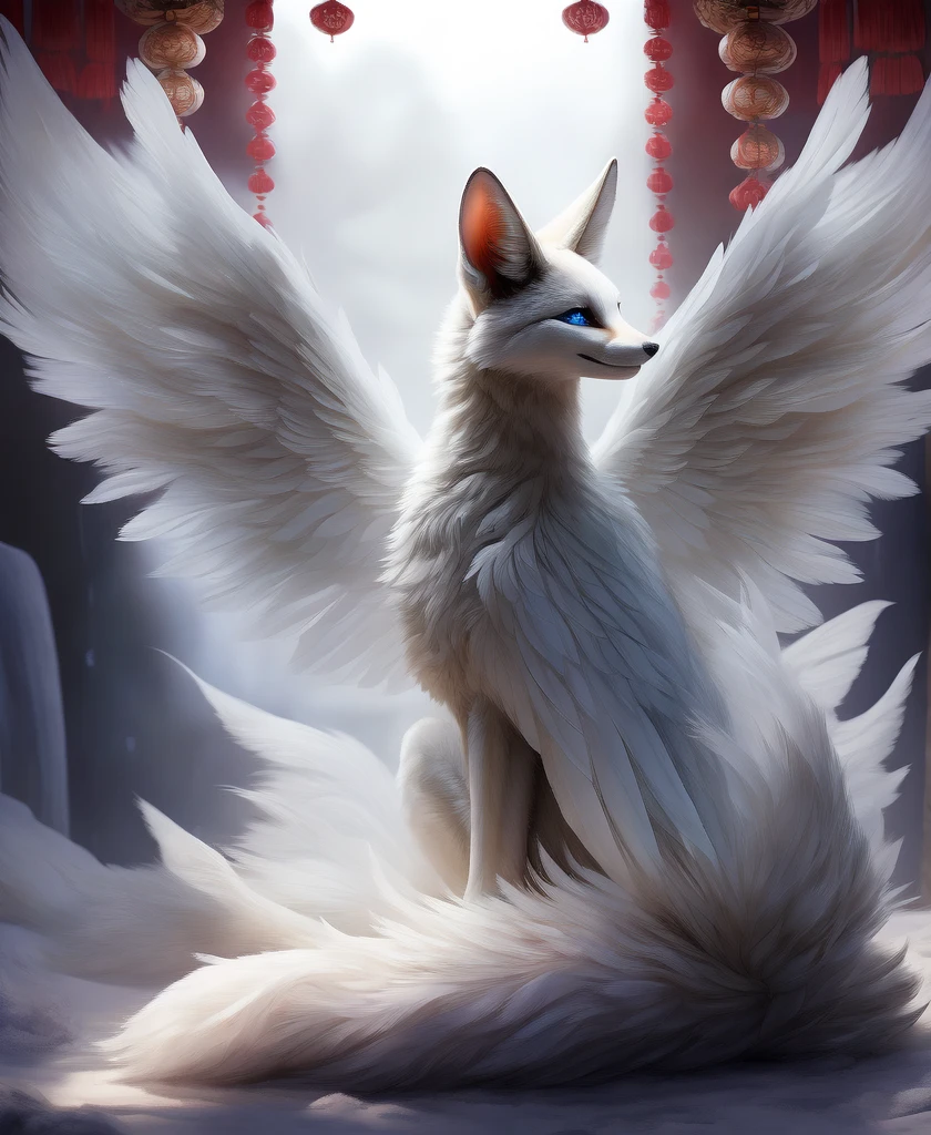 falvie 
asian_mythology east_asian_mythology mythology 
canid canine fox mammal will-o'-the-wisp 
2017 digital_media_(artwork) 
ambiguous_gender blue_eyes detailed_background feral fox_spirit fur kitsunebi multi_tail paws shrine sitting smile solo tail white_body white_fur, white angel wings, cute