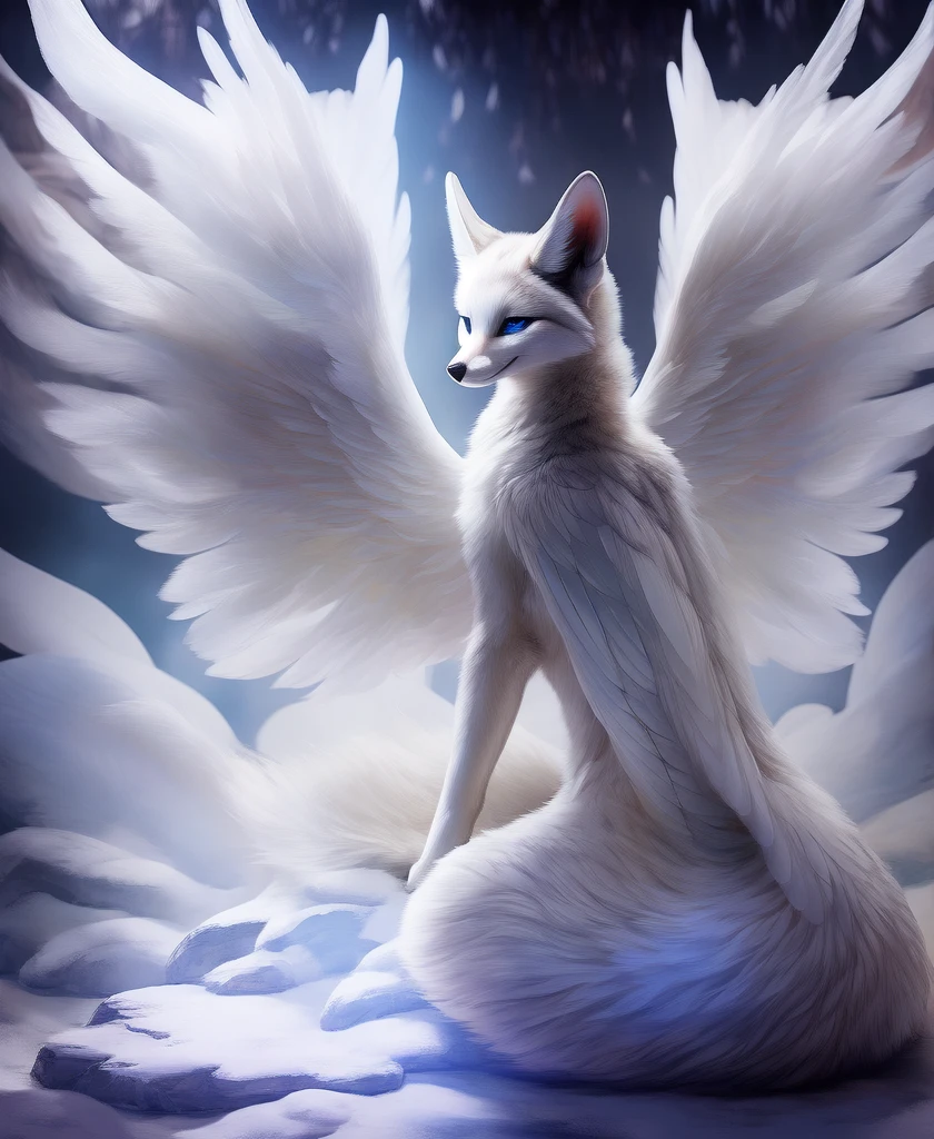 falvie 
asian_mythology east_asian_mythology mythology 
canid canine fox mammal will-o'-the-wisp 
2017 digital_media_(artwork) 
ambiguous_gender blue_eyes detailed_background feral fox_spirit fur kitsunebi multi_tail paws shrine sitting smile solo tail white_body white_fur, white angel wings, cute