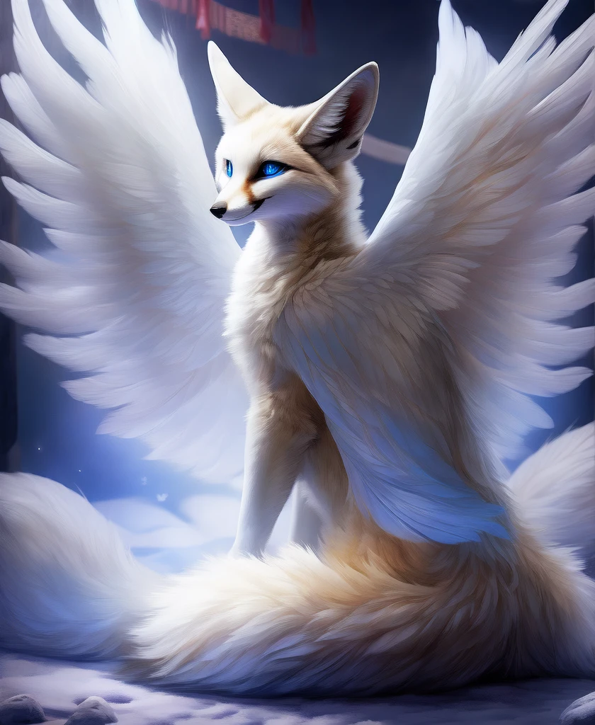 falvie 
asian_mythology east_asian_mythology mythology 
canid canine fox mammal will-o'-the-wisp 
2017 digital_media_(artwork) 
ambiguous_gender blue_eyes detailed_background feral fox_spirit fur kitsunebi multi_tail paws shrine sitting smile solo tail white_body white_fur, white angel wings, cute