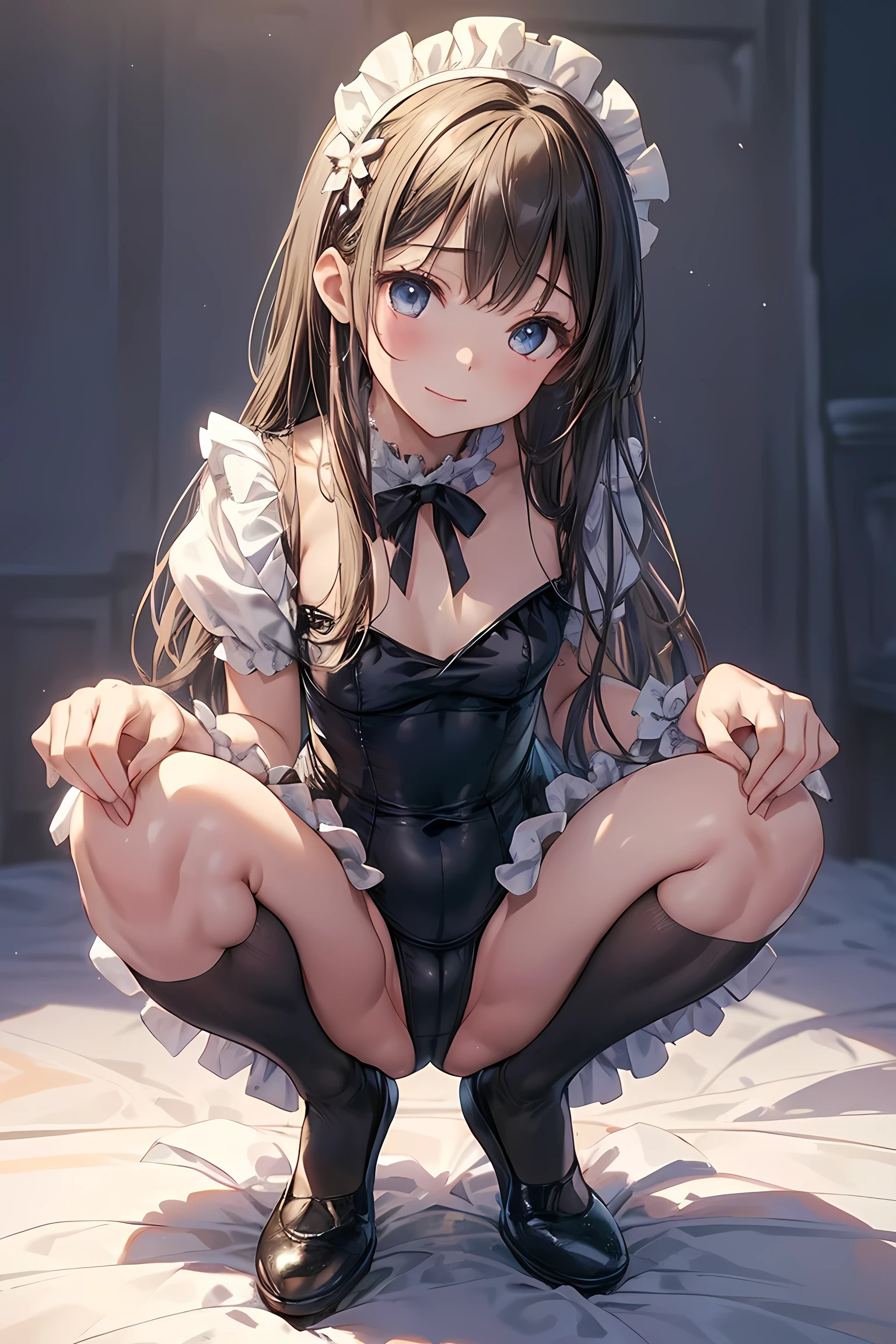 NSFW, (Realistic, photo Realistic:1.2), ((highest quality)), Shift the center of gravity backwards, 1girl, Gorgeous maid outfit、(((Frilled leotard costume))))、Princess、Laughter、Bright and sunny royal garden、young、、Full body description, (squat:1.2)