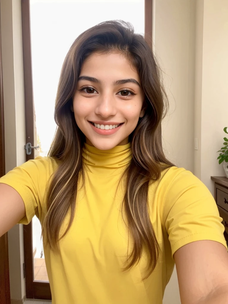 20YO, small nose, one women,attractive, Jordanian, Arab, Bright Yellow shirt, cute smile, cute face, white teethes, skinny face, light brown eyes, black/blonde long hair, modest, selfie