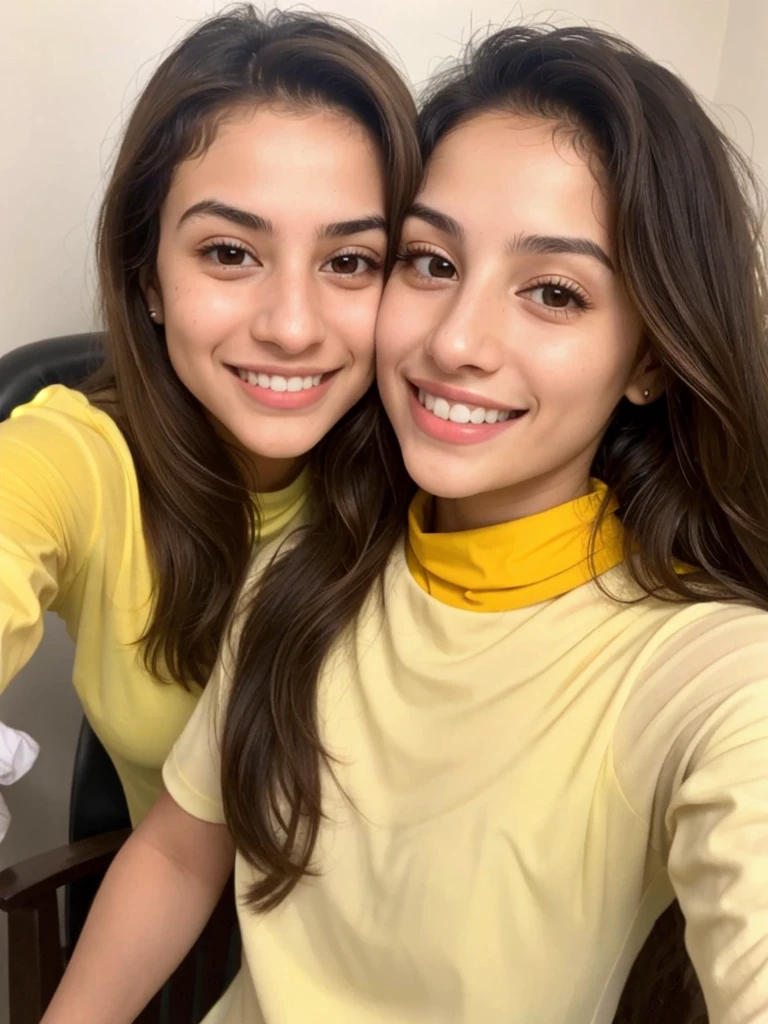 20YO, small nose, one women,attractive, Jordanian, Arab, Bright Yellow shirt, cute smile, cute face, white teethes, skinny face, light brown eyes, black/blonde long hair, modest, selfie