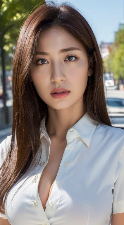 ((Highest quality, 8K, masterpiece :1.3)), Sharp focus :1.2, Beautiful woman with perfect figure :1.4, Slim Abs :1.2, ((Dark brown hair, Big Breasts :1.2)), (White button-up long shirt :1.1), City Street:1.2, Highly detailed face and skin texture, Fine grain, double eyelid NSFW