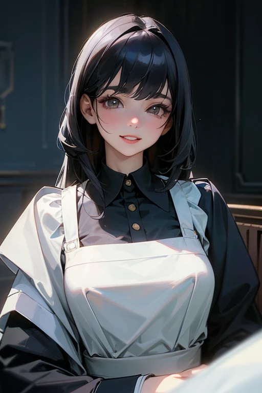 (Highest Resolution, clear_image) Highest quality, One woman, alone, masterpiece, Very detailed, Semi-realistic, Black Hairのショートヘア, Black Hair, bangs, 18-year-old, mature, light blue uniform, uniform, Indoor Background, kind, Authoritative, Powerful, exquisite features, exquisite features、Eyelashes become longer、Showing teeth、smile😀、Maid clothes、woman'Fingers in the、Sleeping on the sofa、Long Hair、Fluttering in the wind、Navy blue clothes、Long Hair、I'Carrying the plate、Long Hair、Laugh gently、Braiding、