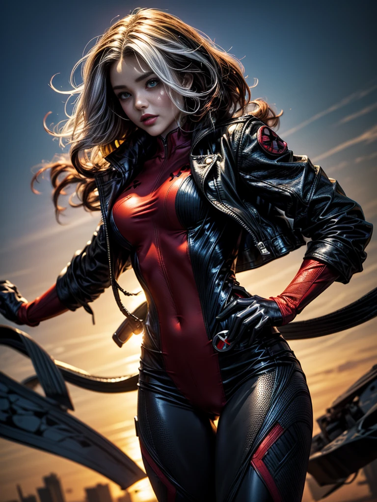 Miranda Kerr、masterpiece、High quality 4K、villain (X-Men)、Gothic Girl、Sculpted Body Gothic Makeup、Black jacket、Red and blue bodysuit、masterpiece、Highest quality、Cowboy Shots、One personの女の子、One person、Technology Military Bodysuit、fringe