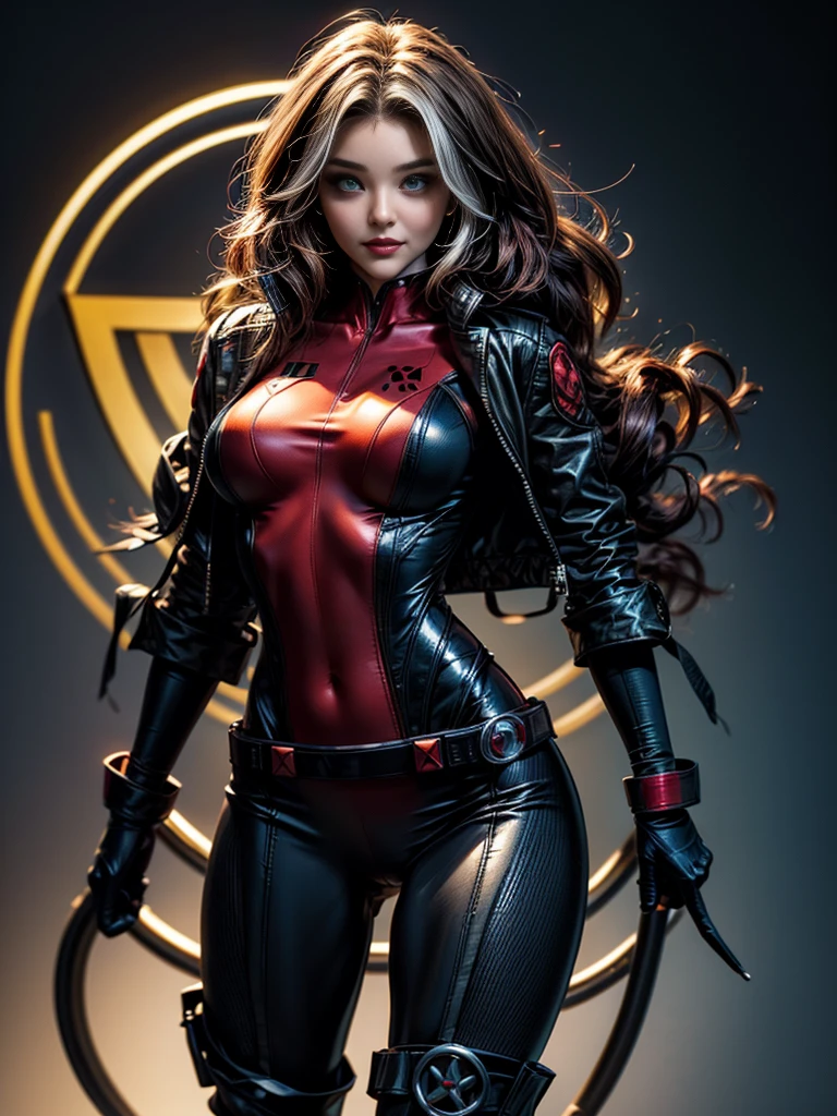 Miranda Kerr、masterpiece、High quality 4K、villain (X-Men)、Gothic Girl、Sculpted Body Gothic Makeup、Black jacket、Red and blue bodysuit、masterpiece、Highest quality、Cowboy Shots、One personの女の子、One person、Technology Military Bodysuit、fringe