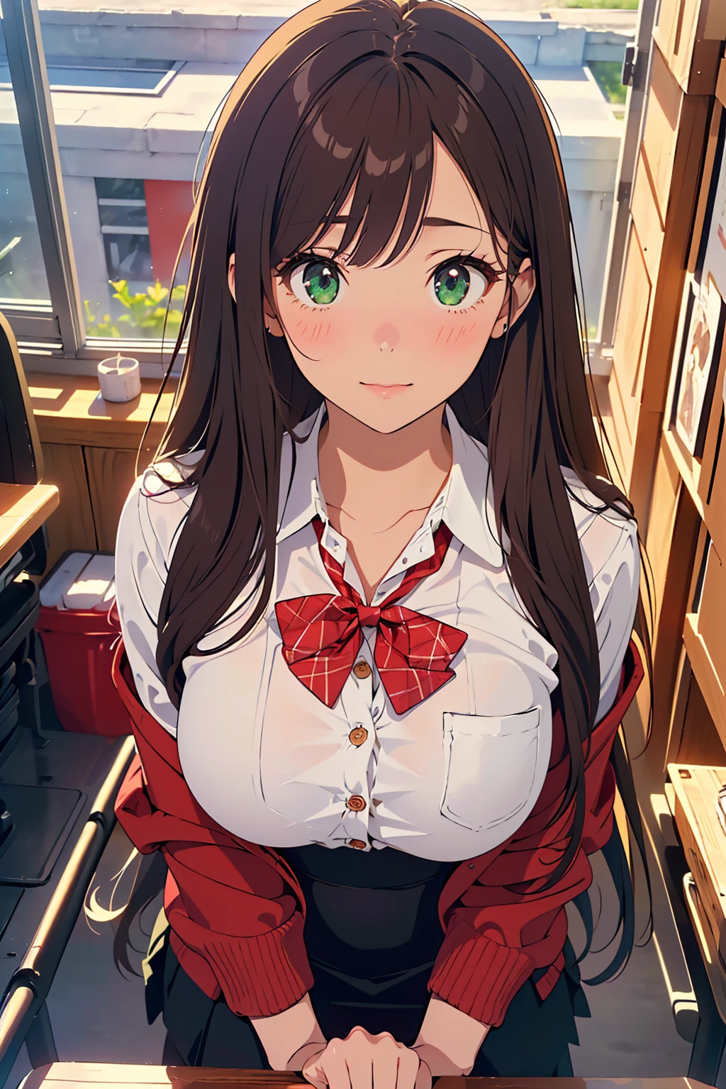 ((masterpiece, best quality, highres, UHD, perfect pixel, depth of field, 4k, RTX, HDR))), 1girl, single, solo, beautiful anime girl, beautiful artstyle, anime character, ((long hair, bangs, brown hair, curly hair:0.8)), ((green eyes:1.4, rounded eyes, beautiful eyelashes, realistic eyes)), ((detailed face, blushing:1.2)), ((smooth texture:0.75, realistic texture:0.65, photorealistic:1.1, anime CG style)), medium breasts, dynamic angle, perfect body, ((portrait, pov)), ((red bowtie, , black jacket, open jacket, brown cardigan, white shirt, black skirt, plaid skirt)), smile, amusement park