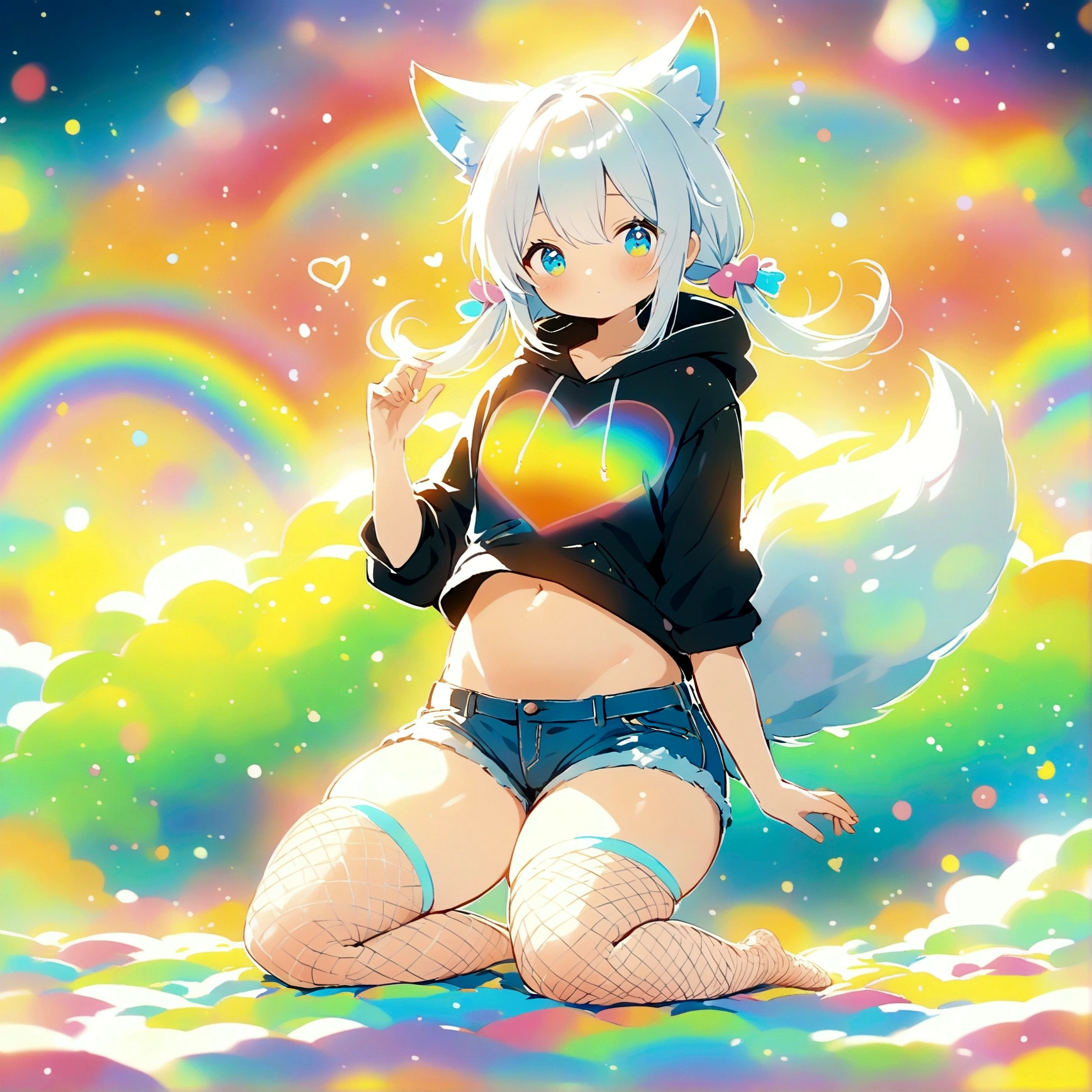 a cute adult male with wolf ears, long white hair, long locks, has a wolf tail, wearing a loose cropped black hoodie, wearing a pair of denim short shorts and fishnet stockings, thick thighs, wide hips, relaxing on mound of fluffy multi colored kawaii plushies, short, very slim, showing slender tummy, heart on hoodie, squishy thighs, has glowing blue eyes. alone, solo (ALONE)(SOLO), surrounded by rainbows, colorful galaxy backround