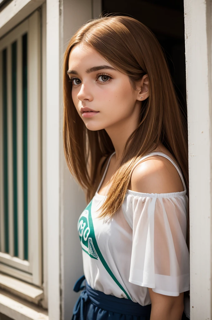 Beautiful captivating white young woman
Carioca, resident of the  botafogo neighborhood, long golden brown hair, asymmetrical face 
looking at window