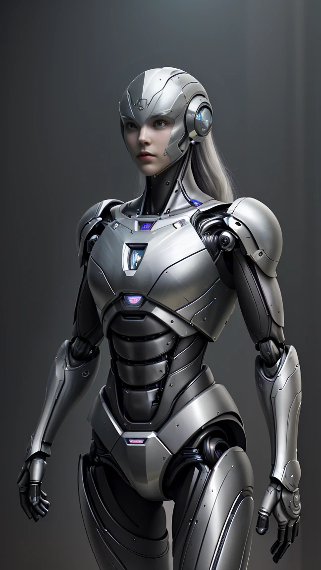 body, body, woman, Ultra-realistic, robot, cyborg, Plain background, Stands facing the spectators, super high quality, Metal, Dressed, (View your viewers), saggy,