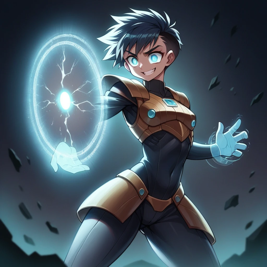 A girl with a dynamic pose, embodying her character with confidence and readiness, wearing a unique blend of futuristic and fantasy-inspired clothing. Her outfit combines practical armor with flowing, ethereal elements that complement her power theme, adorned with glowing accents. She stands in a defensive stance, one arm raised in a gesture of protection, surrounded by a glowing, transparent energy shield. Her other hand holds a small, high-tech device, her short, spiky hair subtly blown by the environment. In the background, a dark and dramatic setting enhances her fiery and powerful theme, with hints of sparks illuminating the character.Despite the intensity of the scene, her facial expression is gentle and kind, with soft, warm eyes, a gentle smile, and relaxed features. Debris and dust swirl around the shield, the sky dark and stormy overhead. Faint glimmers of energy emanate from the shield's edges, and the ground is cracked and scorched. Small, intricate patterns on her suit indicate advanced technology, blending seamlessly with the fantasy elements of her outfit. The environment further enhances the magical and powerful theme of the scene, detailed gorgeous face| anime style| key visual| intricate detail| highly detailed| breathtaking| vibrant| panoramic| cinematic| Carne Griffiths| Conrad Roset| gibbli 8k