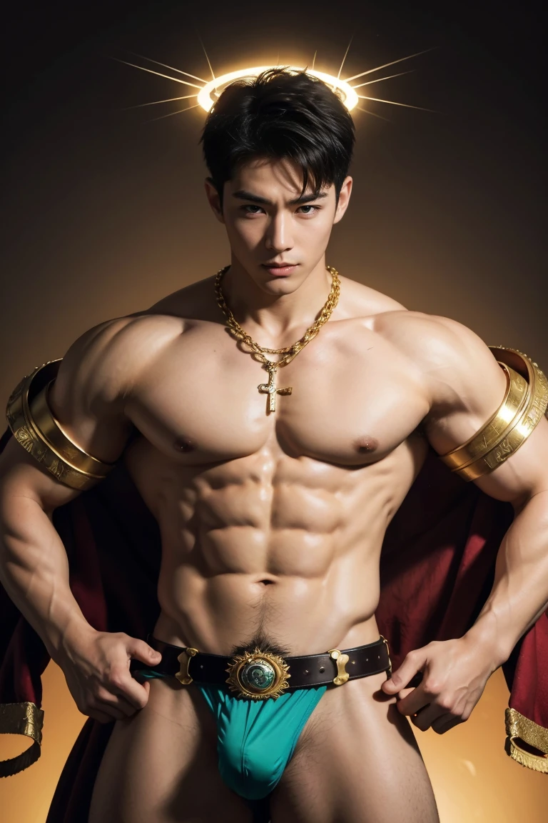 A muscular Korean man is in wonderland, 20 years old, He is wearing snow white clothes (fur layers on the shoulders and back) with a very long pile, completely naked looks fit, nice shaped penis, smooth penis and balls, underneath you can see  his body is very muscular. The emphasis is on the male body.    Above his head is a halo surrounded by white clouds and golden holy light., (The body is decorated with a gold chain with precious stones, finger rings), (A heavy belt with a gold underwear band with sparkling gemstones).    voluptuous crotch.    He had short black hair with shaved temples and large, expressive green eyes. A clock was ticking in the distance.    This scene looked like something out of the realm of fantasy or legend when viewed from above