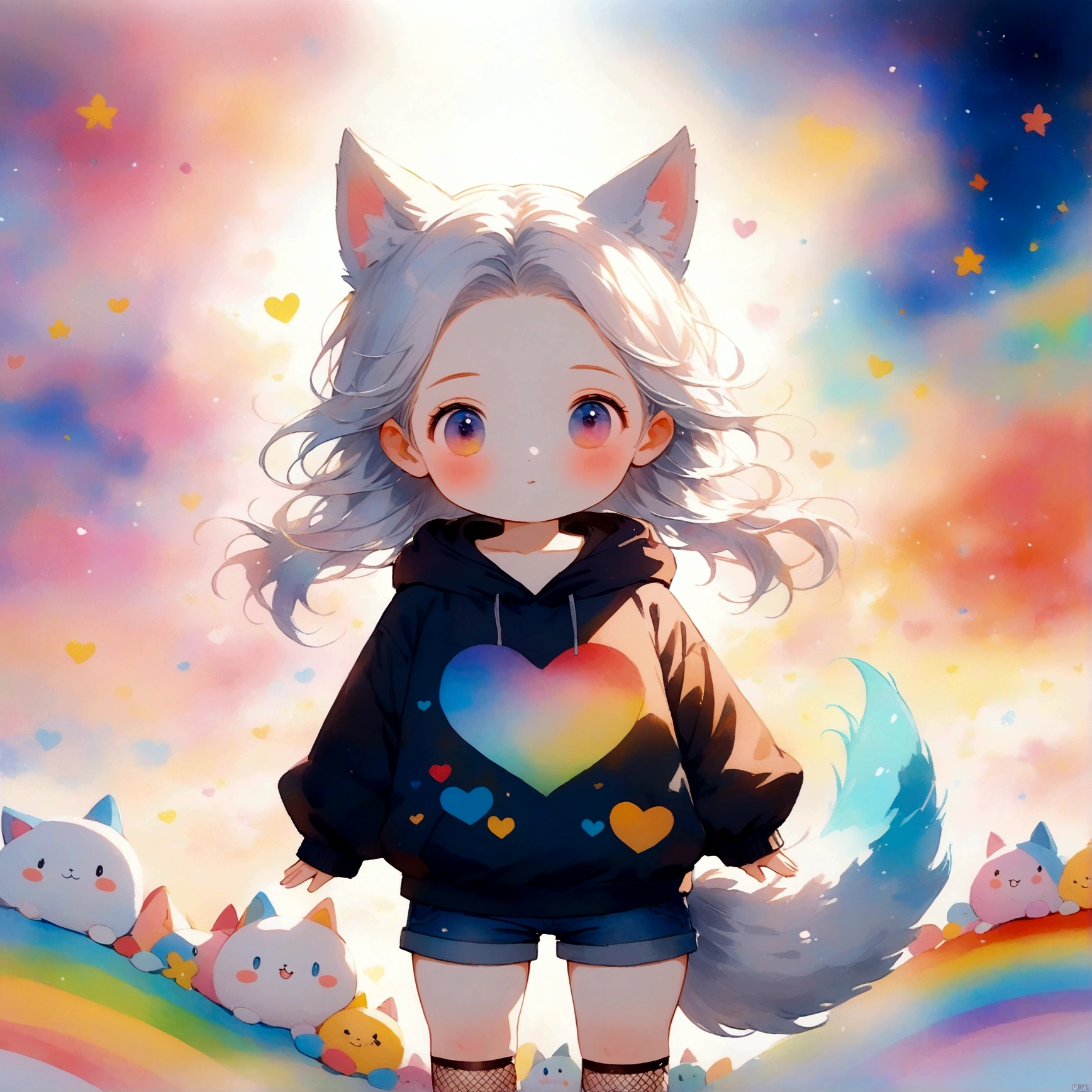 a cute adult male with wolf ears, long white hair, long locks, has a wolf tail, wearing a loose cropped black hoodie, wearing a pair of denim short shorts and fishnet stockings, thick thighs, wide hips, relaxing on mound of fluffy multi colored kawaii plushies, short, very slim, showing slender tummy, heart on hoodie, squishy thighs, has glowing blue eyes. alone, solo (ALONE)(SOLO), surrounded by rainbows, colorful galaxy backround