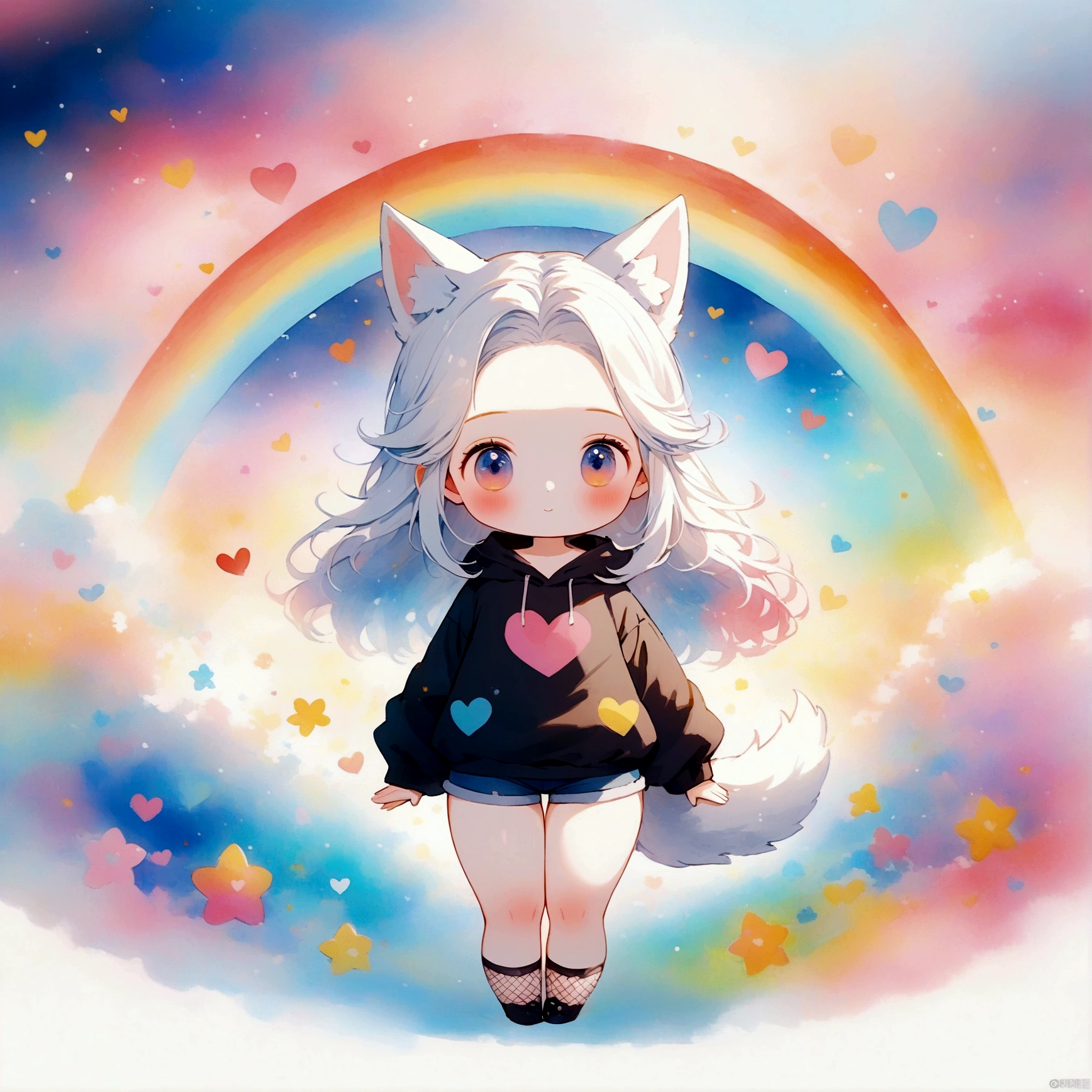 a cute adult male with wolf ears, long white hair, long locks, has a wolf tail, wearing a loose cropped black hoodie, wearing a pair of denim short shorts and fishnet stockings, thick thighs, wide hips, relaxing on mound of fluffy multi colored kawaii plushies, short, very slim, showing slender tummy, heart on hoodie, squishy thighs, has glowing blue eyes. alone, solo (ALONE)(SOLO), surrounded by rainbows, colorful galaxy backround