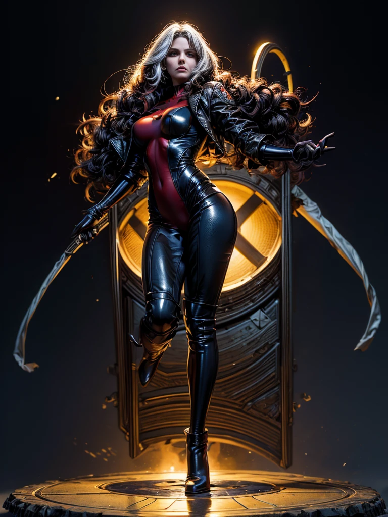 Miranda Kerr、masterpiece、High quality 4K、villain (X-Men)、Gothic Girl、Sculpted Body Gothic Makeup、Black jacket、Red and blue bodysuit、masterpiece、Highest quality、Cowboy Shots、One personの女の子、One person、Technology Military Bodysuit、fringe