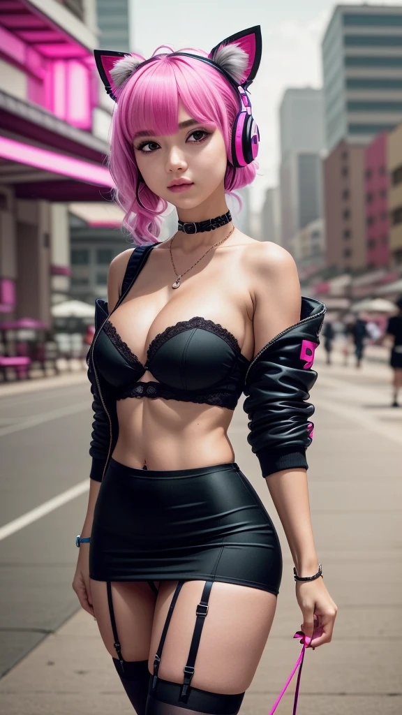 The character costume is KPOP, Hallyu, K-pop anime art style, Hallyu frontline style, Hallyu art style, kpop style, official artwork, Chibi art, Pisif, Blackpink style, cute. KPOP artwork in various poses, The popularity of Pisif art station, lingerie, 16 year old chibi, No watermark, Extra close-fitting mini skirt, open jacket, extra short clear top Strapless, cleavage, style clothing cyberpunk, smallest short short, wide angle, short top, very short,