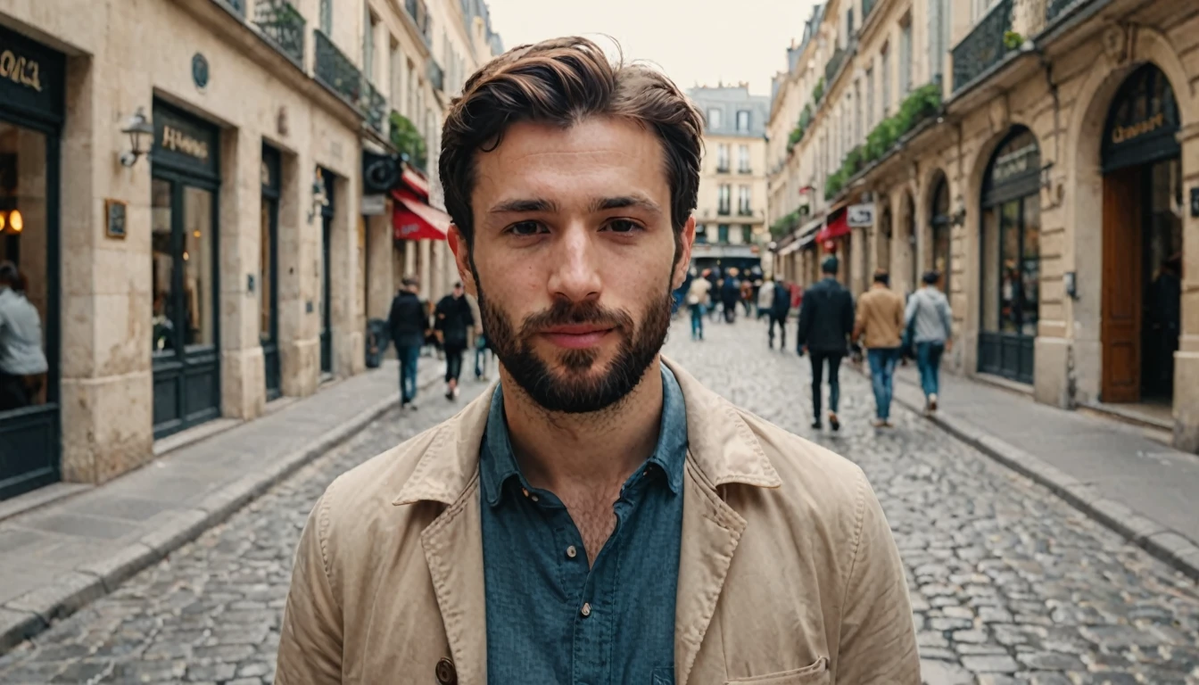 Ultrarealistic image of a 30-year-old French man, capturing fine details of his facial features. The man has a well-groomed beard, short dark hair, and expressive brown eyes. He is wearing a stylish, casual outfit that reflects modern Parisian fashion, with a neutral-toned shirt and a light jacket. The background is a softly blurred Parisian street, with cobblestone pavement and classic architecture, highlighting the man's sophisticated yet relaxed demeanor. Cinematic composition, high detail, photorealistic, 8K resolution.